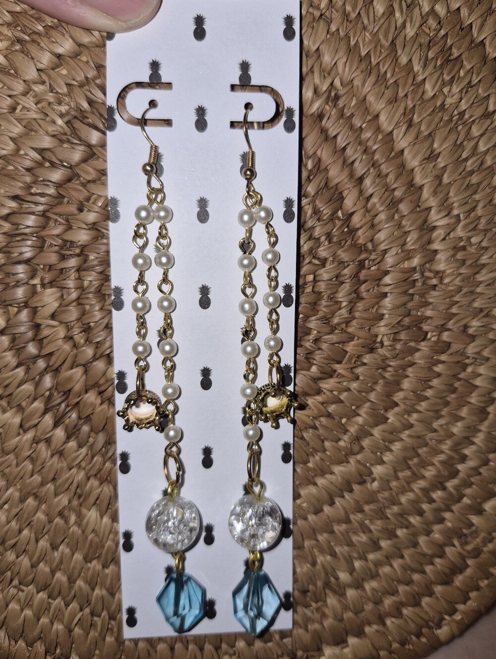 Gold Pearl Chain Drop Earrings with Blue Crystal Accent